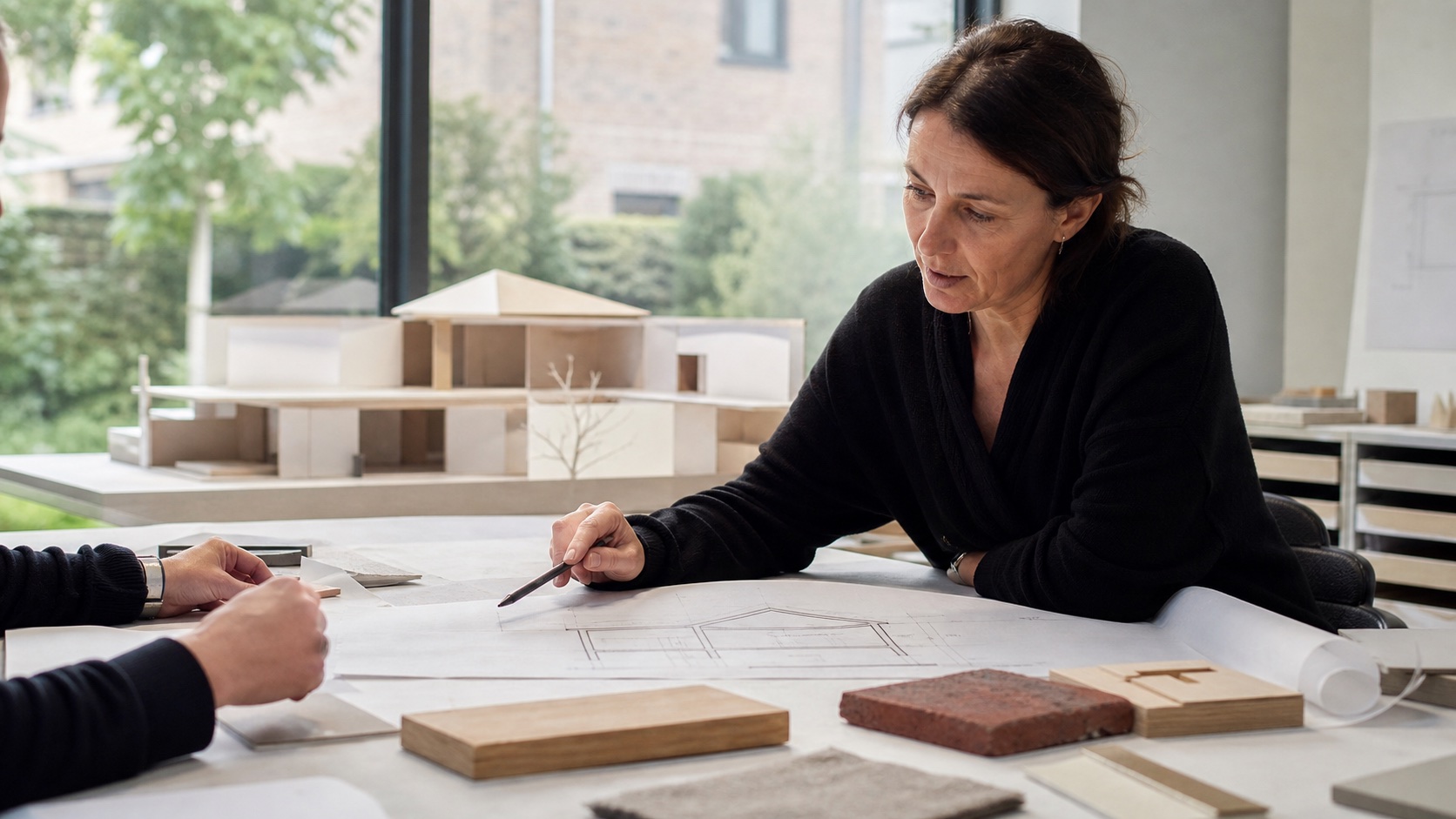 Une professionnelle du bâtiment en casque compare un plan au chantier
