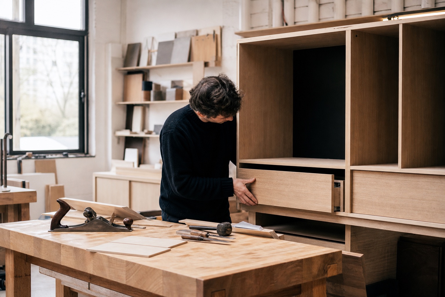 Mains d’un artisan ajustant une pièce de meuble dans un atelier de menuiserie