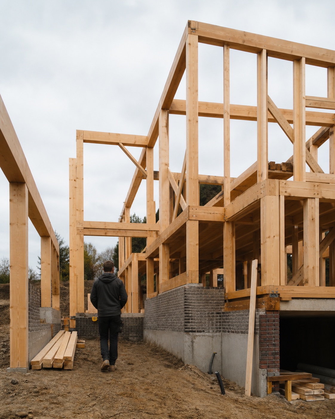 Professionnels devant l’ossature bois d’une maison en construction