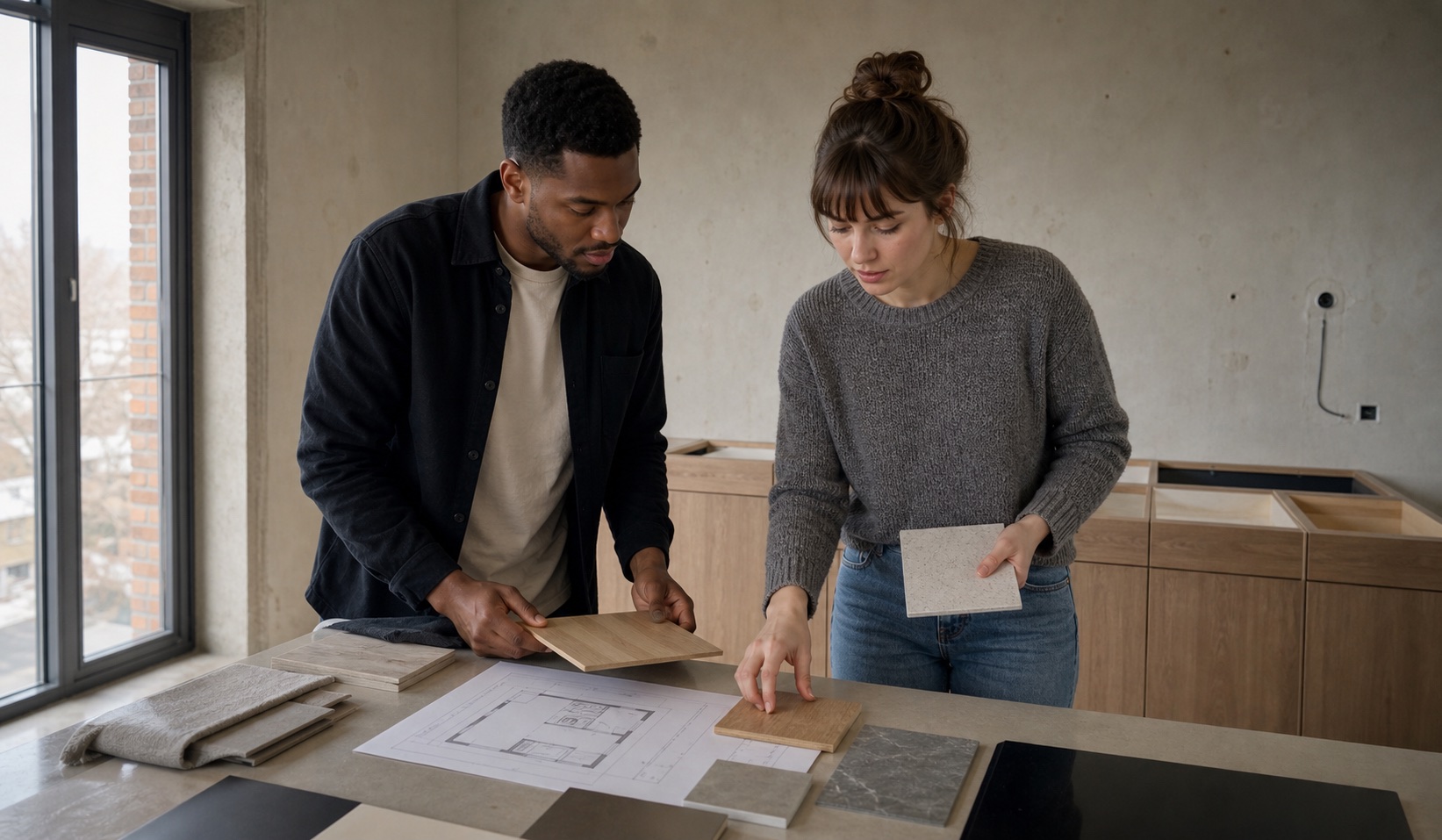 Un jeune couple compare des plans de cuisine à la maison
