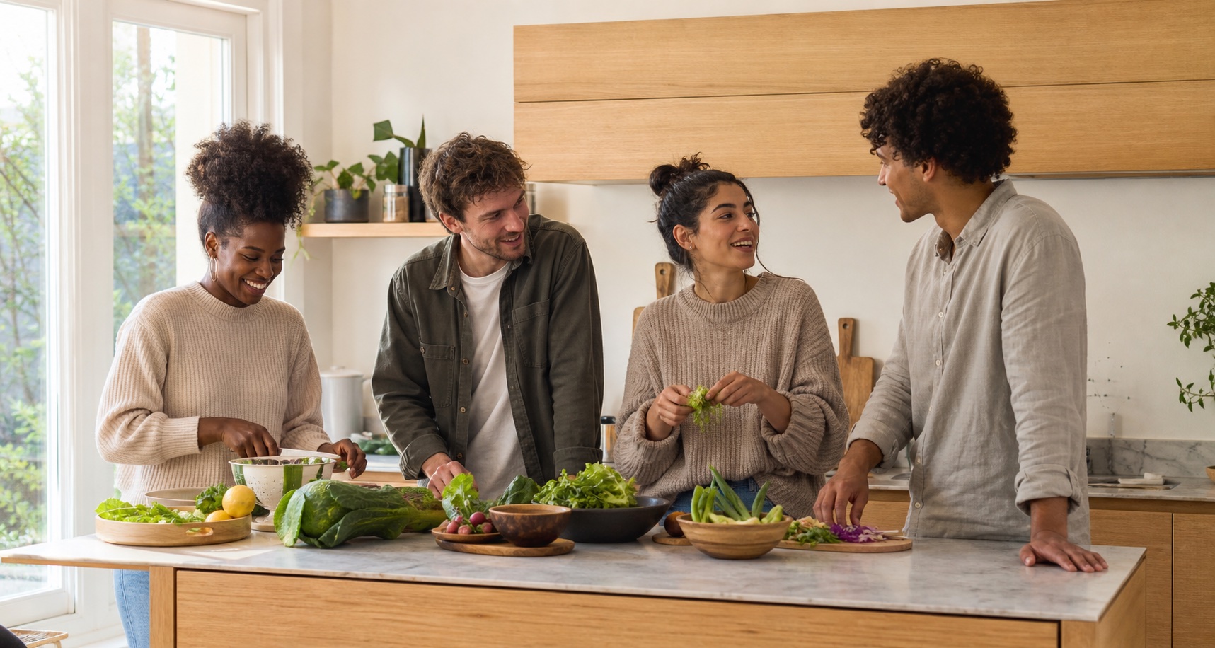 Quatre jeunes adultes aux profils variés cuisinent ensemble autour d’un îlot