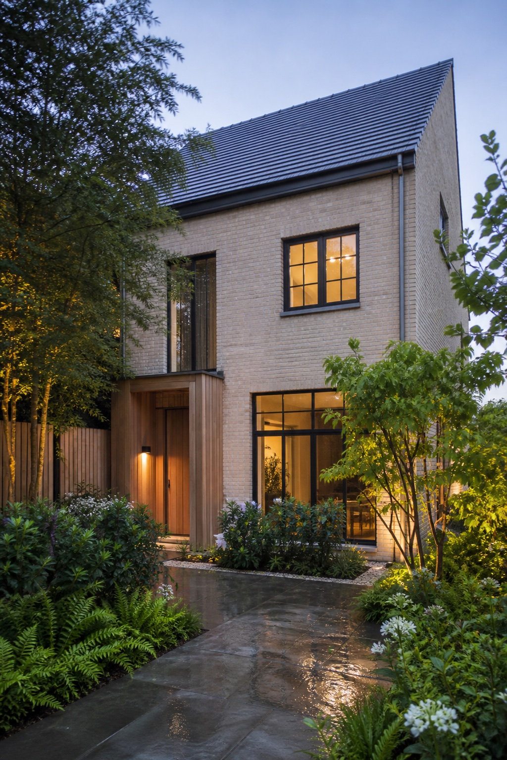 Maison contemporaine terminée avec volumes en bois, verre et enduit clair