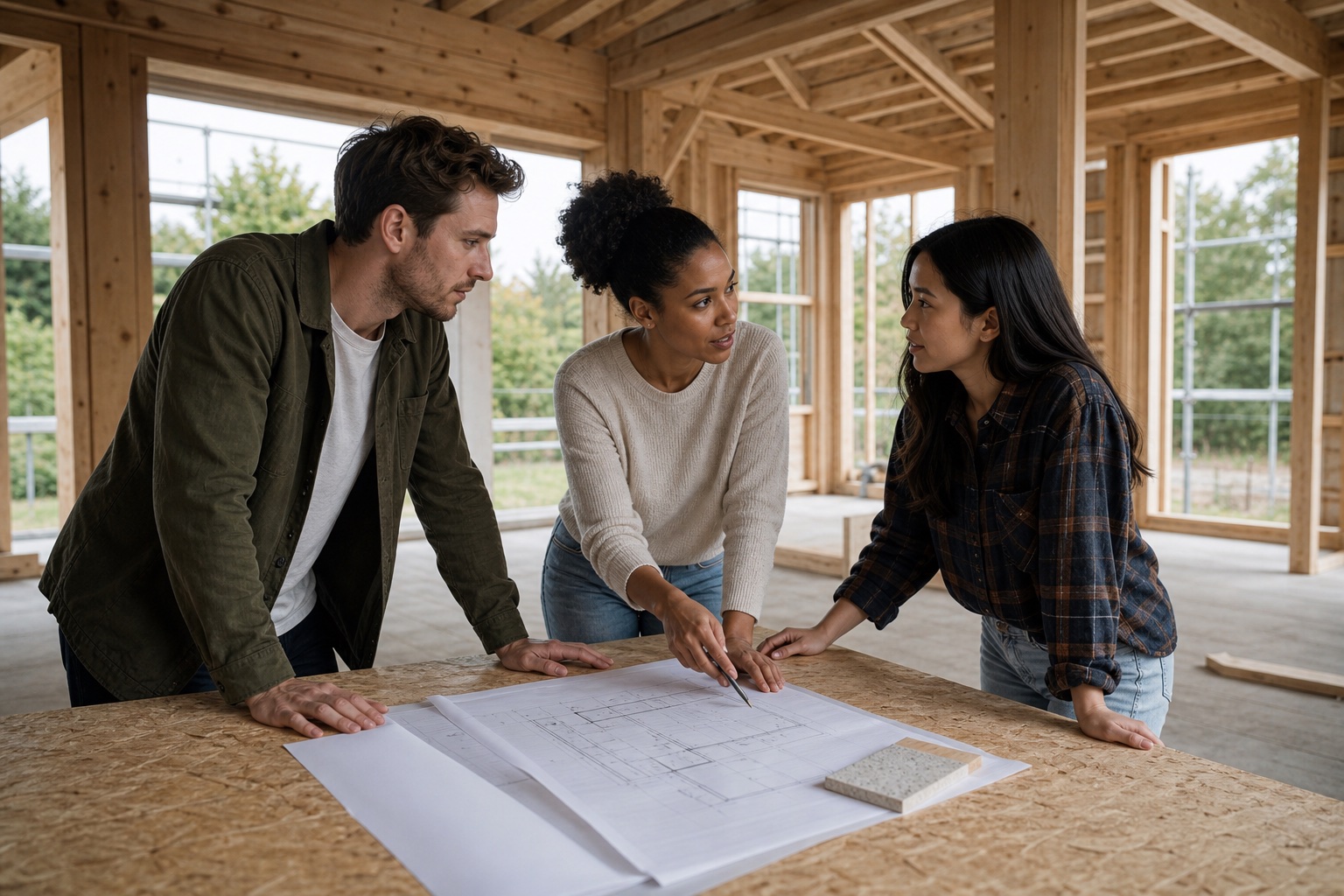 Trois jeunes adultes aux profils variés étudient les plans de leur maison en construction
